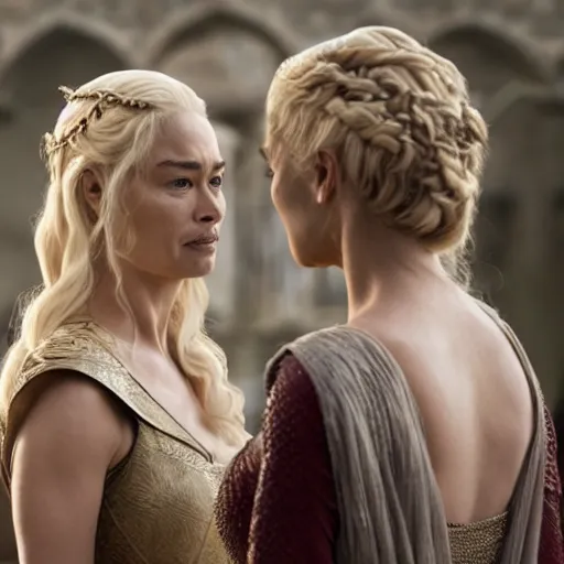 Image similar to an image of cersei lannister and daenerys targaryen talking suspiciously in kings landing