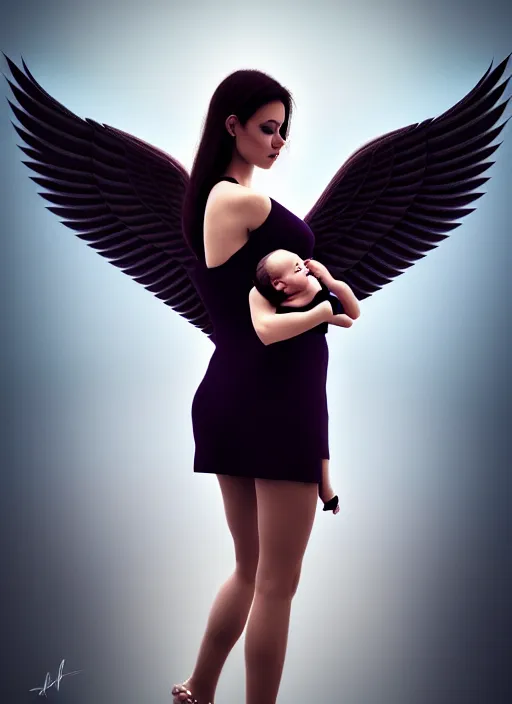 Prompt: beautiful women with wings holding her baby, latina, rule of thirds, haze, intricate, symmetrical!!, makeup, loreal, maybelline, depth of field, cinematic, filmic, vsco, concept art, artstation, digital painting, elegant, model