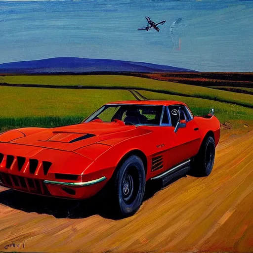 Prompt: mad max's corvette pursuit special, the last v 8 interceptor, grant wood, pj crook, edward hopper, oil on canvas