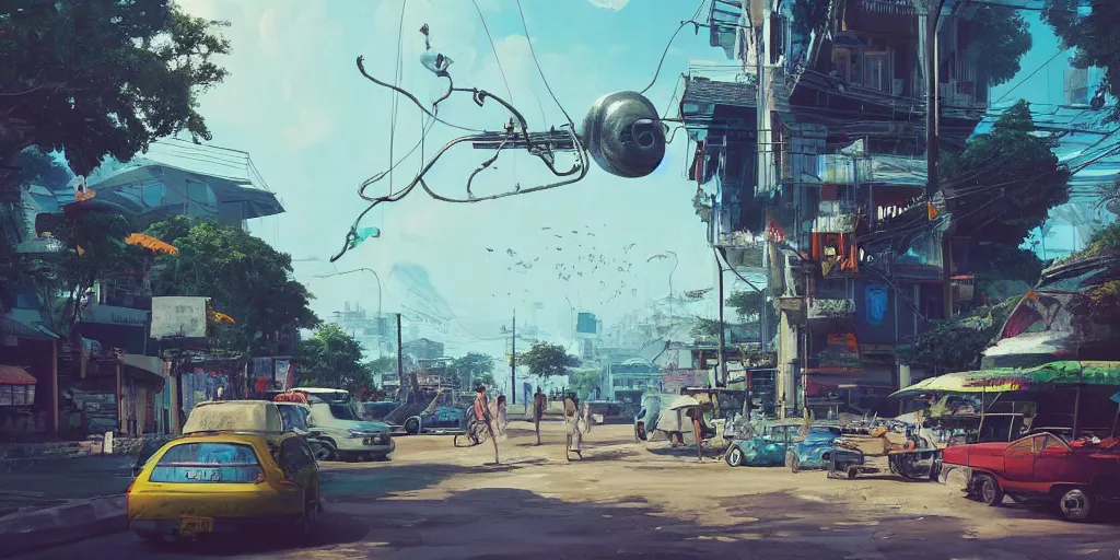 Image similar to a bangkok seaside street view with a giant weird creaturesimon stalenhag, highly detailed, digital art, realistic, trending on artstation, 4 k