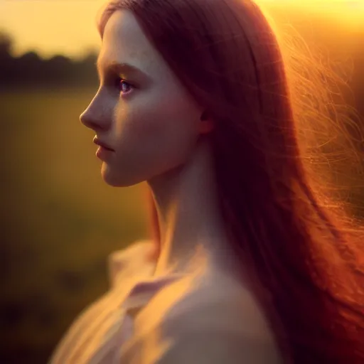 Image similar to photographic portrait of a stunningly beautiful english virgin renaissance female in soft dreamy light at sunset, beside the river, soft focus, contemporary fashion shoot, in a denis villeneuve and tim burton movie, by edward robert hughes, annie leibovitz and steve mccurry, david lazar, jimmy nelsson, extremely detailed, breathtaking, hyperrealistic, perfect face, octane render