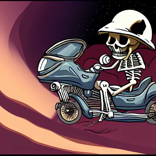 Image similar to a skeleton driving a motor cycle on venus, cartoon,