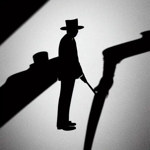 Image similar to mysterious man in black suit and black hat, he has a pistol!!, mysterious, 4 k, highly detailed, digital art, strong shadows, high contrast, epic scene, atmospheric, blue colours, old photograph