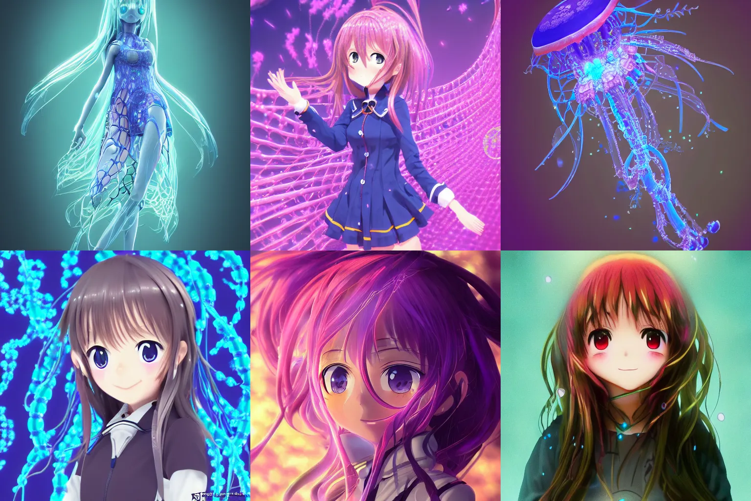 Prompt: intricate anime girl k-on kyoani, jellyfish bio-mechanical bio-luminescence, octane render, trending on artstation, hyper realism, 8k, fractals, pattern
