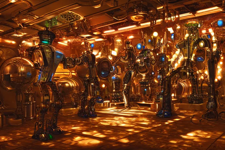 Image similar to 3 steampunk robot dancing inside a luxury futuristic nightliner, a table with many bottles of beer and wiskey, exaggerated detailed, unreal engine, subtle multicolored light, 3 5 mm lens