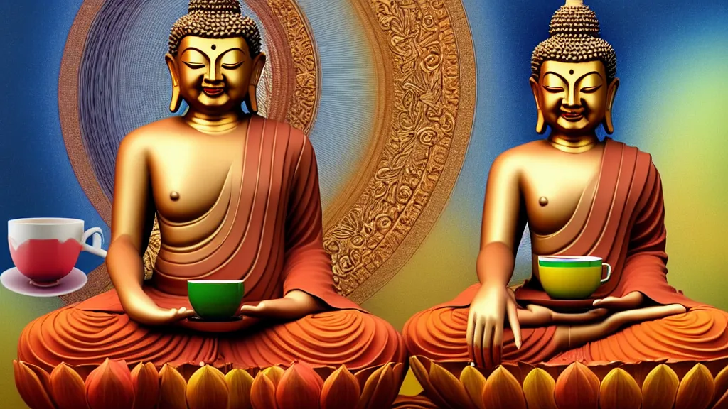 Image similar to a hyperdetailed painting of a happy buddha sitting on a lotus in deep meditation, one hand holding a comically large cup of coffee, ambient occlusion, 3 d model, quantum fractals, magic realism, trending on artstation,