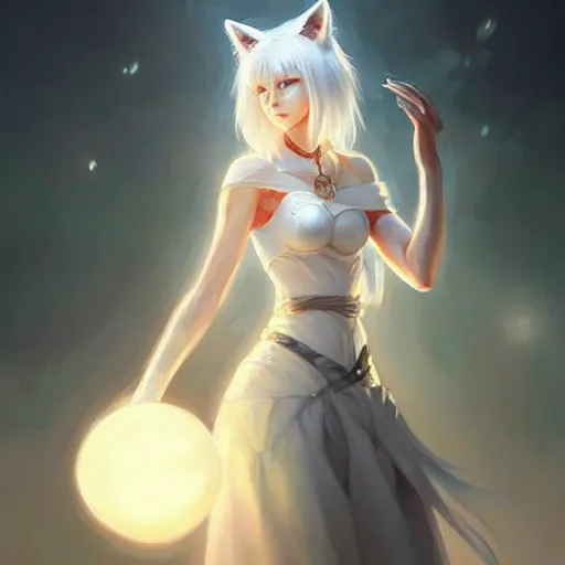 Prompt: a woman in a white dress holding a glowing ball | with nine white fox tails | a detailed painting by ross tran!!!!!!!!!!!!!!! | wlop and stanley artgerm lau | featured on deviantart | fantasy art | anime | 2 d game art | official art