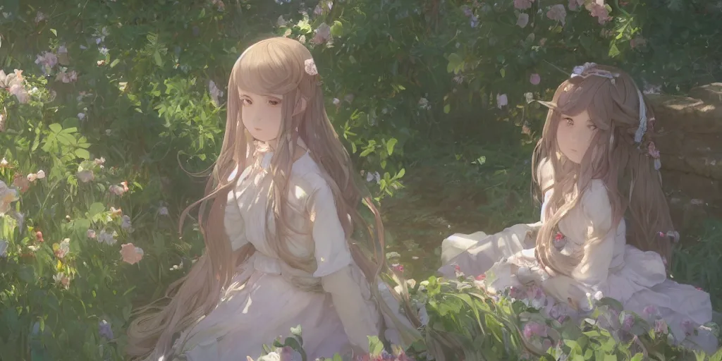 Prompt: a digital art of a loli with long hair in a dress in the privet garden at after noon, by krenz cushart and mucha and greg rutkowski and makoto shinkai, detailed eyes, 4 k resolution 、 trending on art station