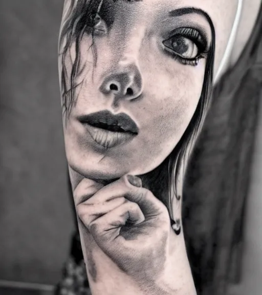 Image similar to a beautiful girl faded in a mountain background, realism tattoo, in the style of den yakovlev, black and white, hyper realistic, highly detailed