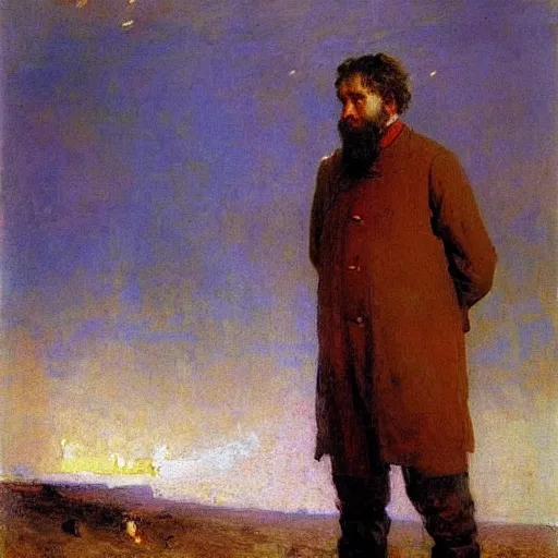 Image similar to high quality high detail painting by ilya repin, man standing in front of huge explosion, hd
