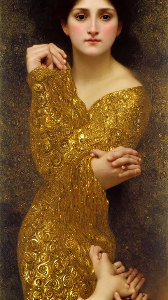 Image similar to painting portrait of a beautiful woman like an ancient goddess, intricate, elegant, digital painting, smooth, sharp focus, shiny gold, realistic gold, realistic metal, by William-Adolphe Bouguereau and Gustav Klimt,