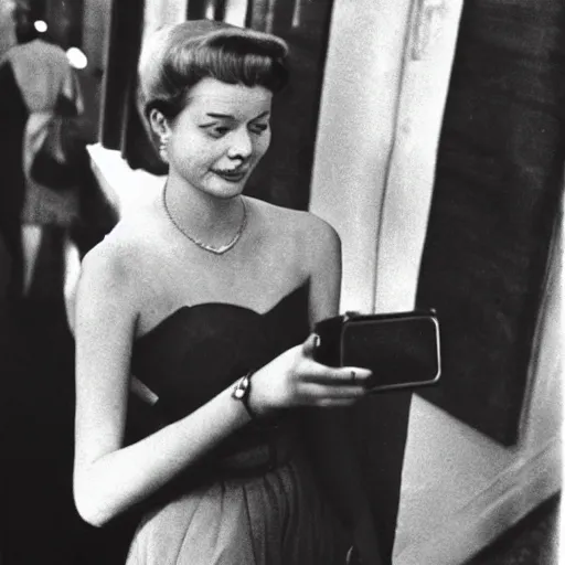 Prompt: woman taking a selfie, 1950