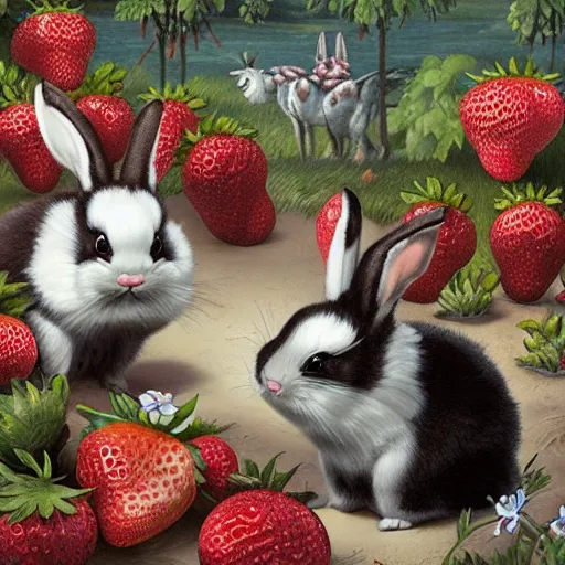 Image similar to fluffy brown, black, white bunnies playing in the strawberry garden, lowbrow, matte painting, 3 - d highly detailed, style of greg simkins