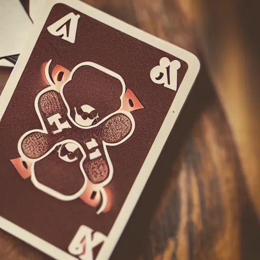 Prompt: a photograph of a teddybear holding a pack of playing cards, 50mm, depth of field