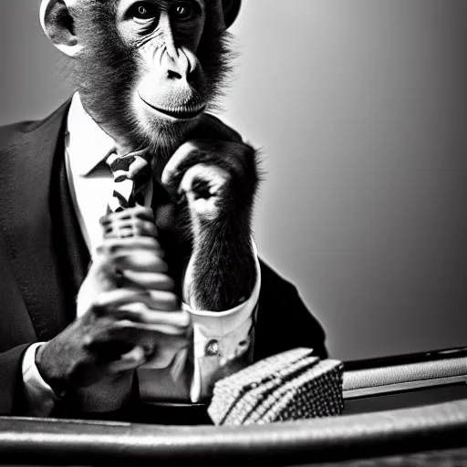 Image similar to monkey in a suit smoking a cigar and playing poker in a casino, 5 0 mm, black and white photo