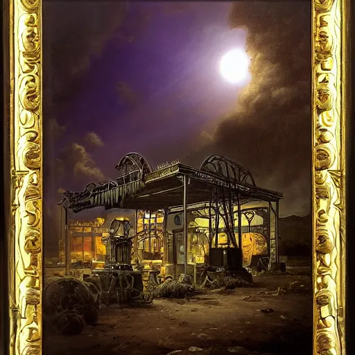 Image similar to painting of hr giger artlilery scifi organic shaped gas station with ornate metal work lands on a farm, fossil ornaments, volumetric lights, purple sun, andreas achenbach