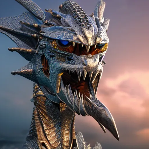 Image similar to a highly detailed close up of a beautiful majestic anthropomorphic robot female dragon, with smooth and streamlined mechanical armor, standing and posing elegantly on a beach, well detailed head with eyes and a maw, with sharp claws on her hands and feet, two arms, two legs, long tail, artstation, DeviantArt, professional, octane render, sunset lighting