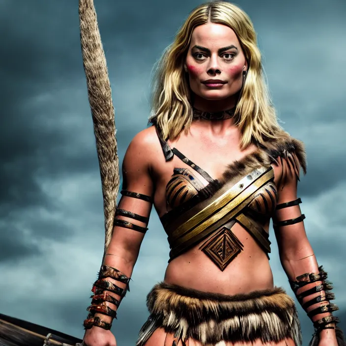 Image similar to full length portrait photograph of a margot robbie as an amazon warrior, Extremely detailed. 8k