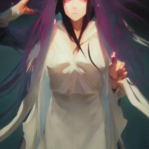 Prompt: anime girl from bleach raising her hand and casting magic, an archetype of death, deep black robe, blue orb, detailed scene, wide shot, intense colors, by Ilya Repin and Greg Rutkowski, artstation