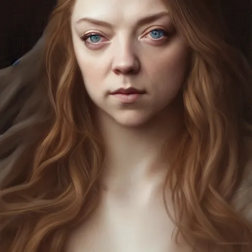 Image similar to beautiful striking Pre-Raphaelite Natalie Dormer by Artgerm and Greg Rutkowski, pale, intricate, elegant, highly detailed, digital painting