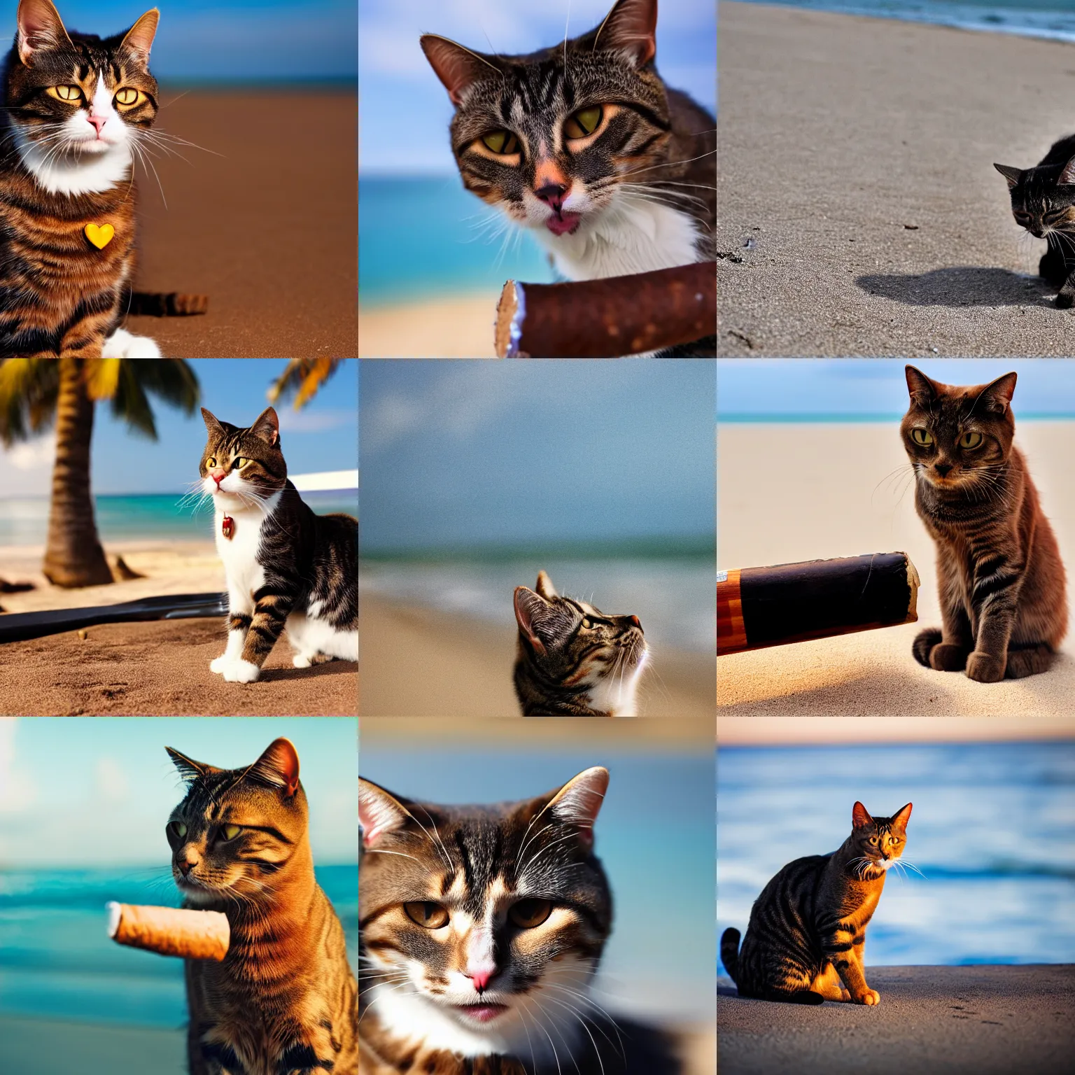 Prompt: a cat smoking a cigar on a beach with out of focus camera