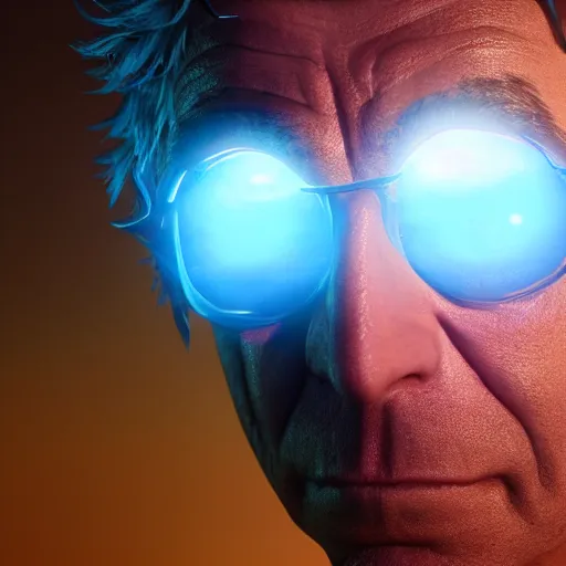 Image similar to portrait art of rick sanchez 8 k ultra realistic, lens flare, atmosphere, glow, detailed, intricate, full of colour, cinematic lighting, trending on artstation, 4 k, hyperrealistic, focused, extreme details, unreal engine 5, cinematic, masterpiece