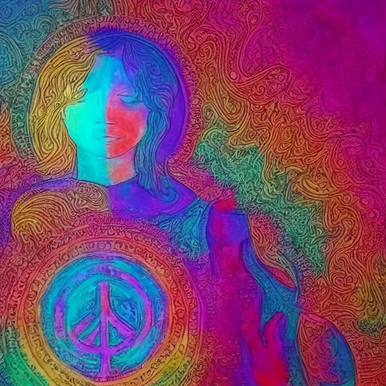 Image similar to human smiling meditating supreme peace immense knowledge infinite color dmt art red pink blue purple red black euphoria