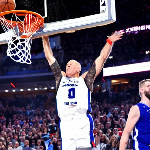 Image similar to photograph of joe biden dunking, highlights of the 2 0 1 9 nba slam dunking contest