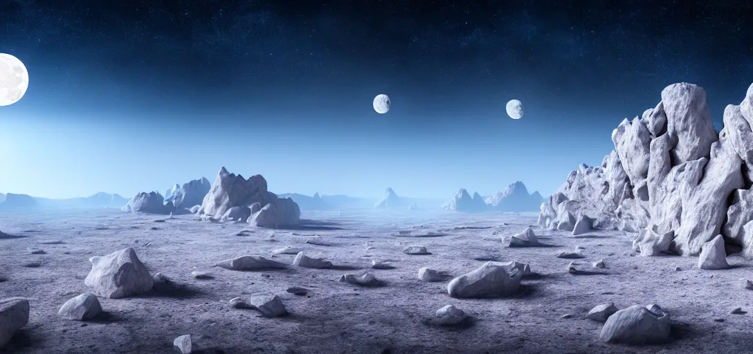 Image similar to uhd, filmic lighting, cinematic art shot, hyperrealistic, hyperdetailed, super detailed, 8 k, high resolution, moon landscape, white rocks made of bone, 8 k uhd matte painting, mega high white mountain, midnight