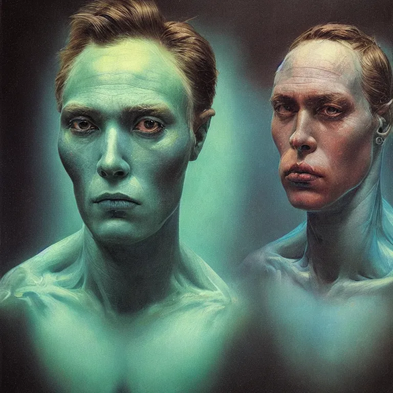 Image similar to Hyperrealistic intensely colored close up studio Photograph portrait of a deep sea bioluminescent Chad Everett, symmetrical face realistic proportions eye contact, sitting in His throne underwater, award-winning portrait oil painting by Norman Rockwell and Zdzisław Beksiński vivid colors high contrast hyperrealism 8k