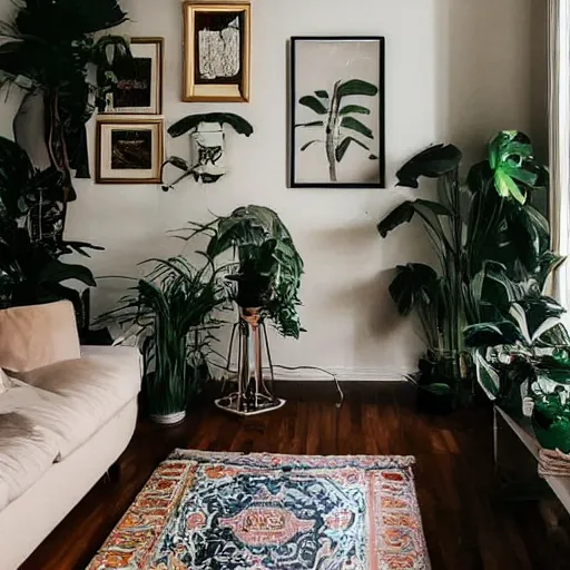 Prompt: a living room with plants and music equipment and a painting on the wall, featured on tumblr, light and space, sanctuary, soft light, aesthetic