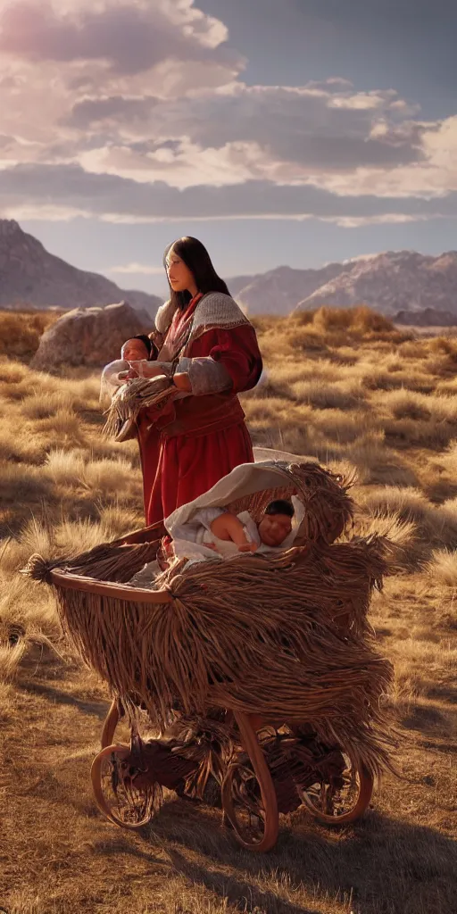 Image similar to Owens Valley Paiute girl and baby in traditional cradle board, unreal 5, hyper realistic, realistic, photo realistic, dynamic lighting, highly detailed, cinematic landscape, studio landscape, studio lighting