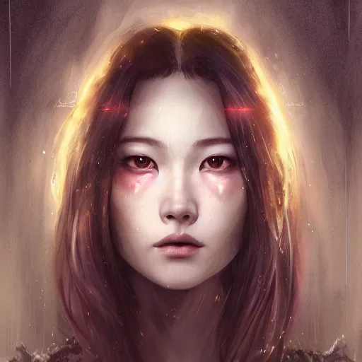 Image similar to lightning angel character portrait, Asian face, cinematic lighting, glowing golden eyes, hyper-detailed, cgsociety, 8k, high resolution, in the style of Charlie Bowater, Tom Bagshaw, Artgerm, single face, symmetrical, headshot photograph, insanely detailed and intricate, beautiful, elegant, watercolor, cinematic, portrait, Raphaelite, headroom, artstation