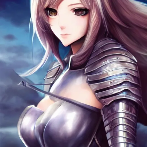 Image similar to a portrait of an attractive knight female anime character with long hair, shot of entire body, artgerm