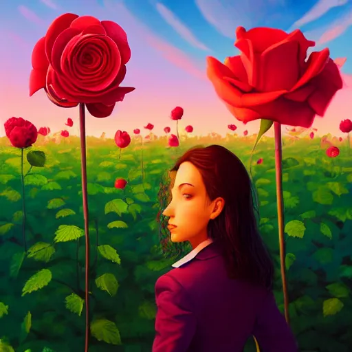 Image similar to closeup, giant rose flower head, frontal, girl in suit, surreal photography, sunrise, blue sky, dramatic light, impressionist painting, digital painting, artstation, simon stalenhag