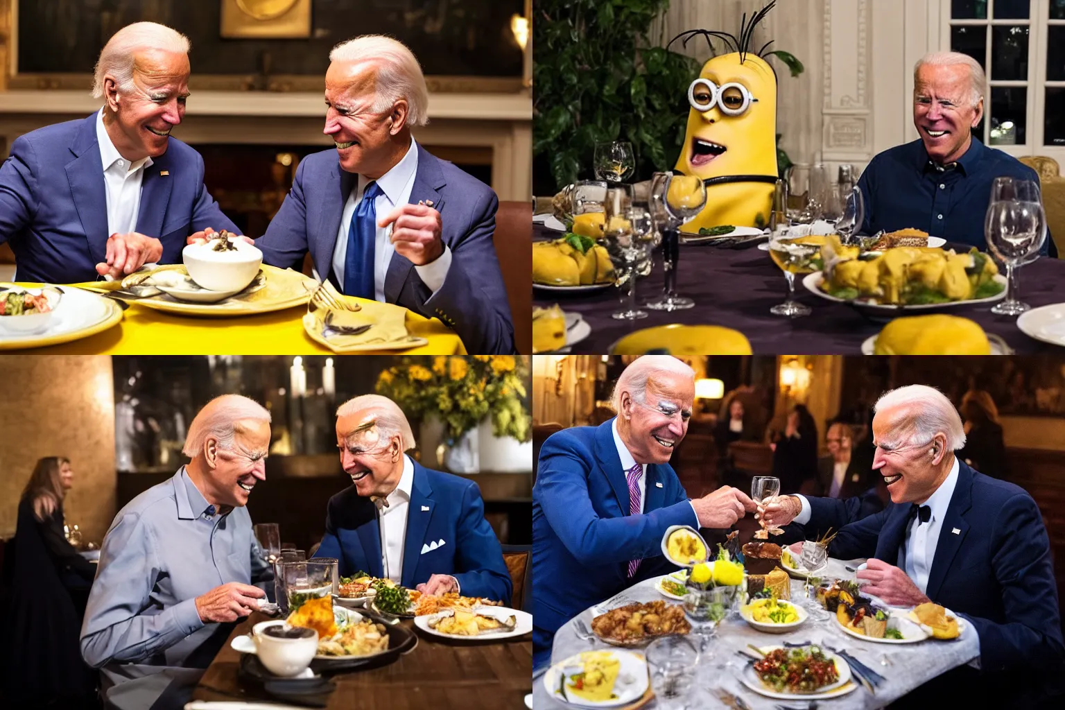 Prompt: Joe Biden having a lovely dinner with Gru from the minions, award winning photo, 4k