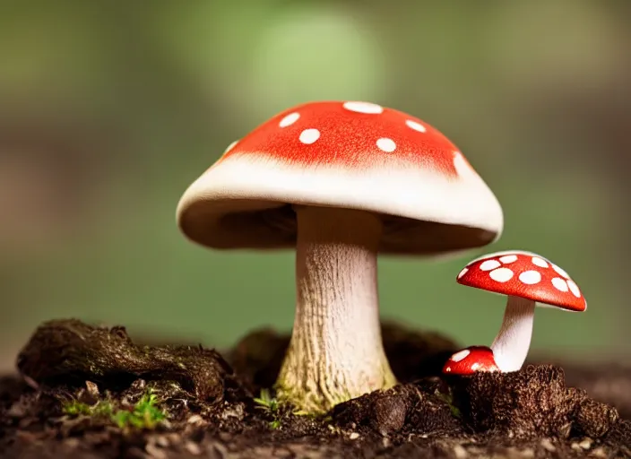 Image similar to a a cute creature sitting next to a mushroom, realistic, very detailed, complex, intricate, studio lighting, superres sharpening, bokeh, sigma 5 0 mm f 1. 4