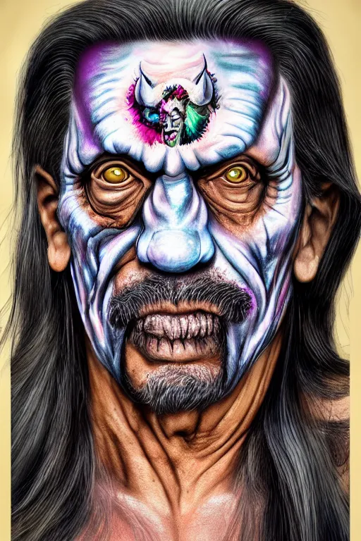 Prompt: danny trejo, full body, big two toned eyes, halloween, unicorns, intricate details, cinematic, epic, realistic, anatomy, lisa frank, uplight, artstation, photorealistic, scary