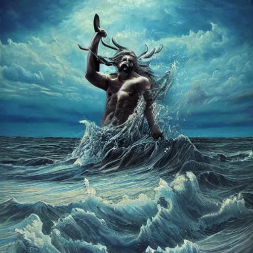 Image similar to Proud and screaming Poseidon rising from the ocean, ready to fight, fantasy art, photorealistic