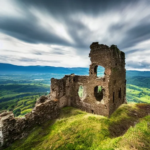 Prompt: photograph, a ruined castle on top of a big mountain, the photo was taken from very far away below the castke looking up at it, there are no other mountains around it, there is only sky in the background, day time, ambient lighting, exteme far up, ultra high detail, 8 k
