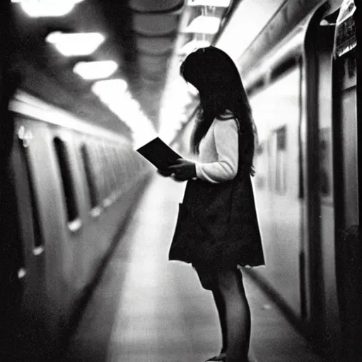 Prompt: “ girl reading a book in the new york city subway, photograph by henri cartier - bresson ”