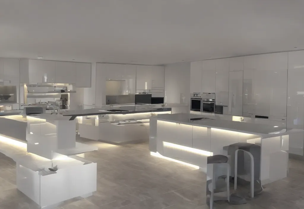 Image similar to modern kitchen with led strip lighting, homes and gardens, super detailed render, award winning,