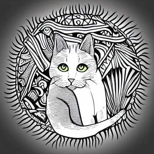 Image similar to tattoo sketch of a cat hugging the sun, on a canva, polynesian style, ornamental, line art, vector,