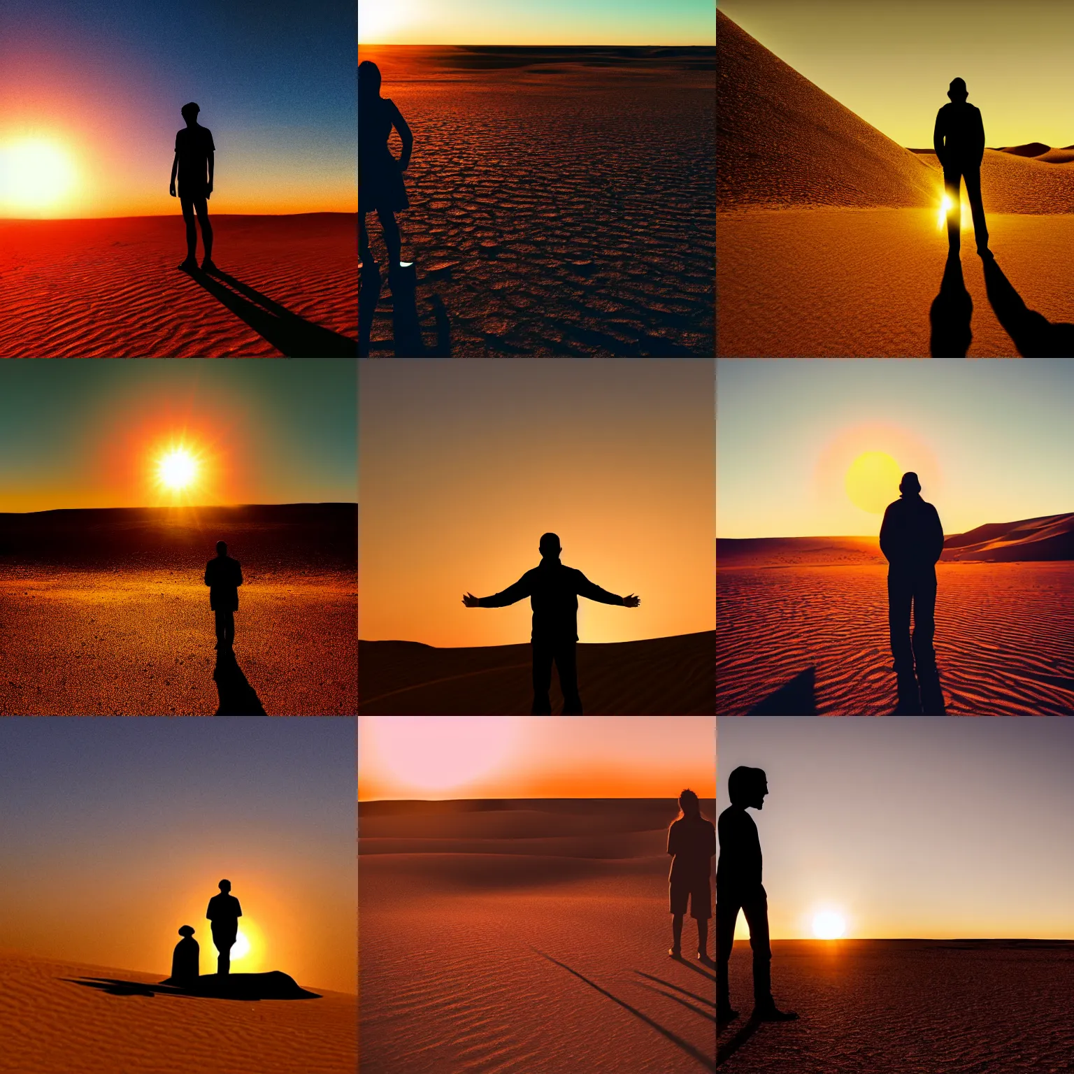 Prompt: a silhouette of a person standing alone in the desert with the sun setting behind them
