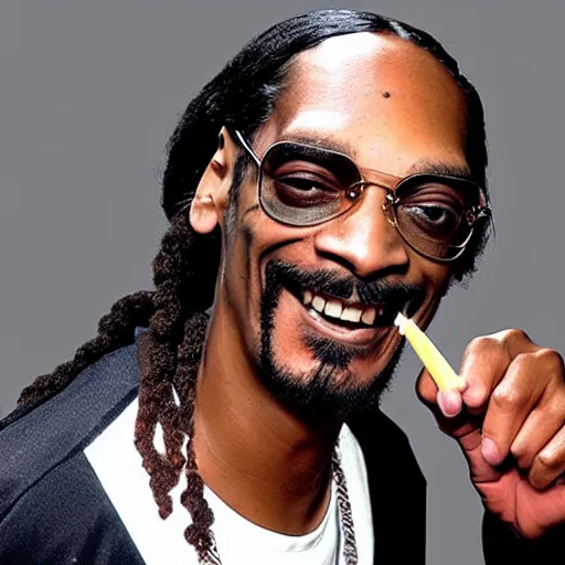 Image similar to Snoop Dog with big eyes eye color red , smiling and holding a joint in his hand