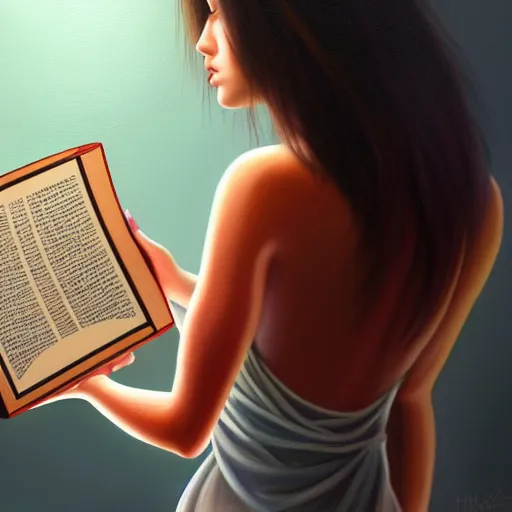 Prompt: hyperrealistic painting of a beautiful young woman holding a book while a woman and three men peep into the book from behind, detailed digital art, trending on artstation,