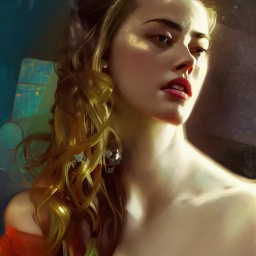 Image similar to hyperrealistic portrait of a woman as amber heard making a telephone noir call by jeremy mann and alphonse mucha, fantasy art, photo realistic, dynamic lighting, artstation, poster, volumetric lighting, very detailed faces, 4 k, award winning