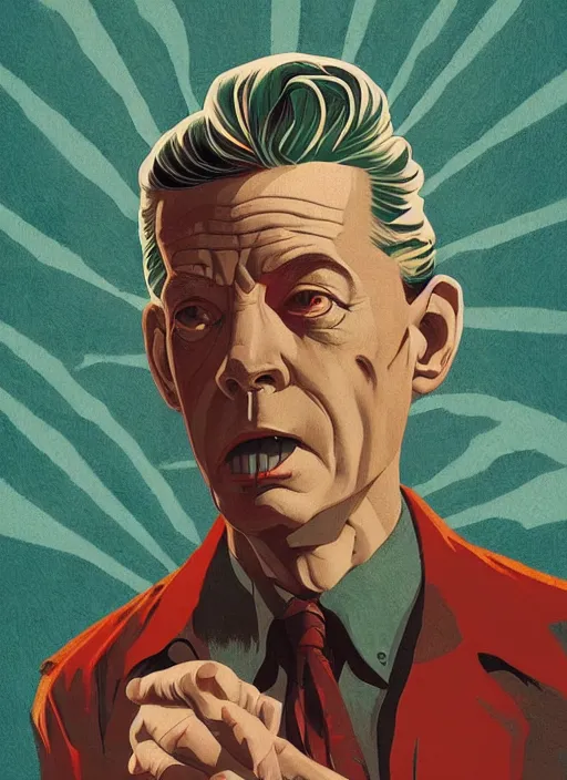 Image similar to Twin Peaks poster artwork by Michael Whelan, by Bob Larkin and Tomer Hanuka, Karol Bak of portrait of Joe Rogan in red flannel, from scene from Twin Peaks, clean, simple illustration, nostalgic, domestic