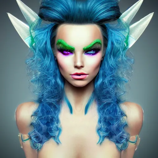 Image similar to Glam hair, 80s hair, Elf girl with blue skin, alien skin, blue elf, blue, blue-skinned elf, green hair, hairspray, big hair, wild hair, glam make-up, 80s, illustration, fantasy art, trending on ArtStation, 1980s fantasy art