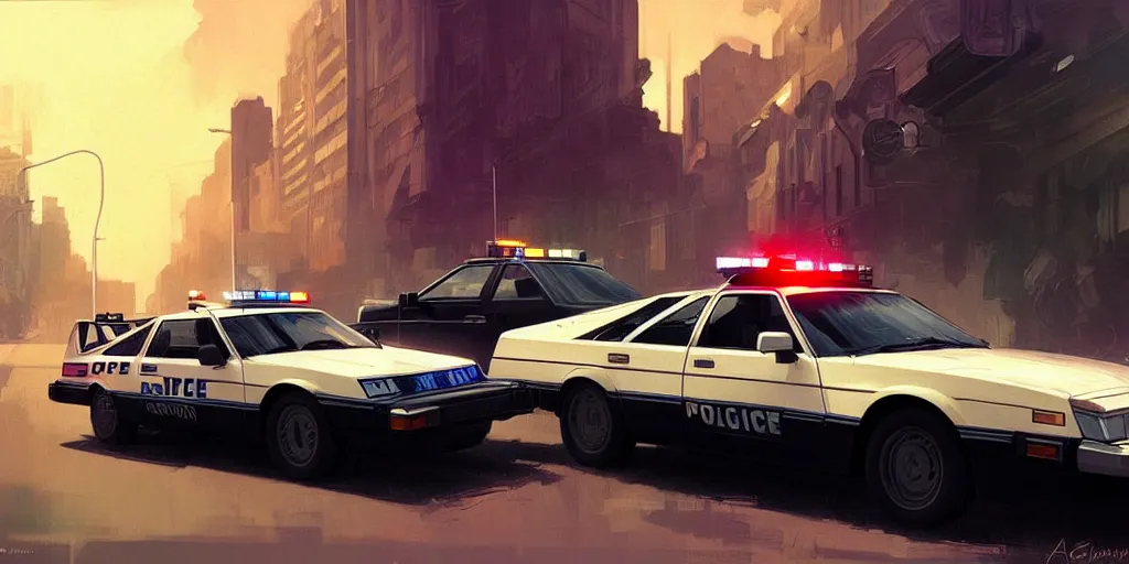 Image similar to a 1 9 8 0 s cop and cop car, highly detailed, digital painting, artstation, concept art, matte, sharp focus, illustration, art by artgerm and greg rutkowski and alphonse mucha